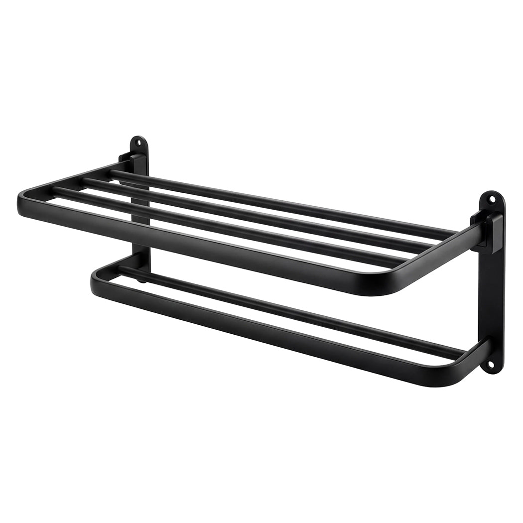 Levede Towel Rack Bathroom 2 Bars Rail Holder Wall Mounted Storage Shelf Black — image 1