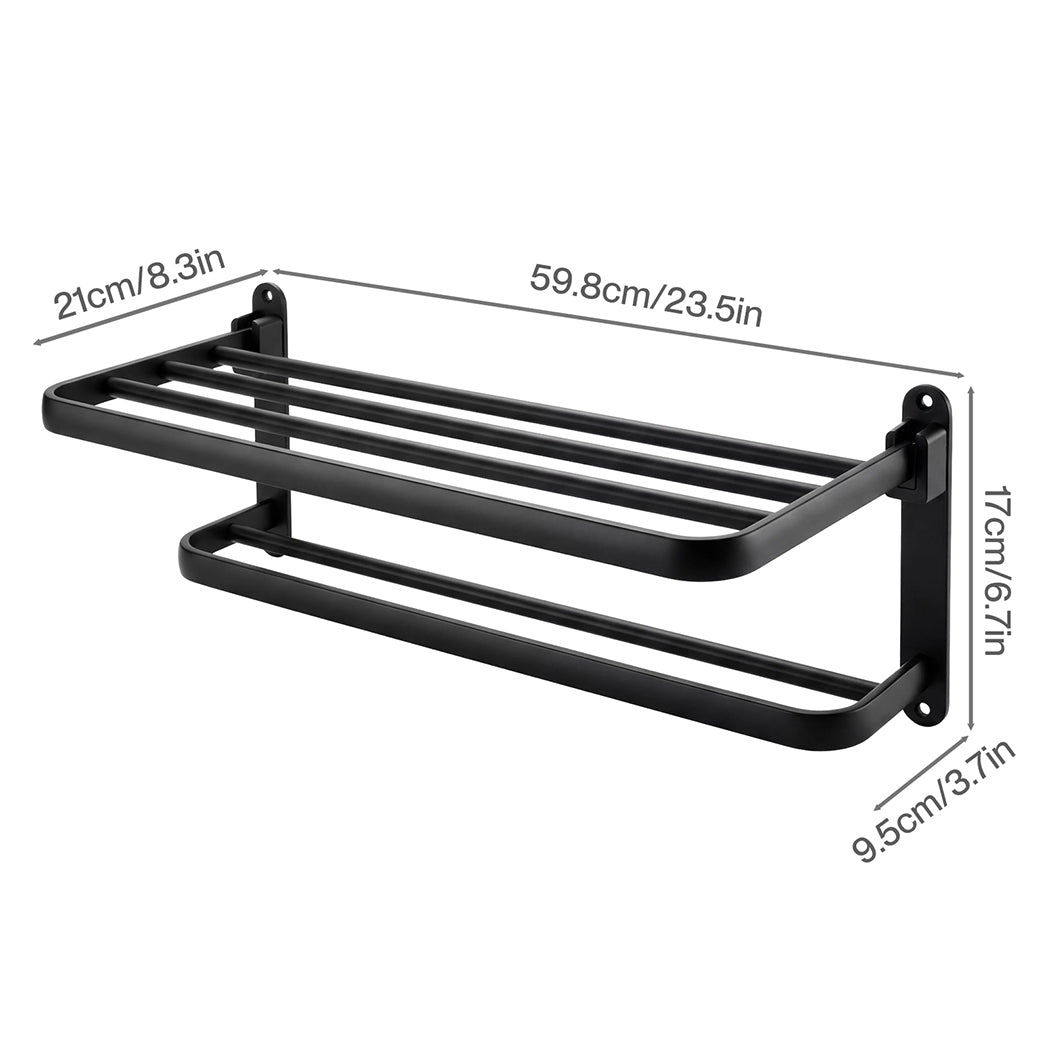 Levede Towel Rack Bathroom 2 Bars Rail Holder Wall Mounted Storage Shelf Black — image 3