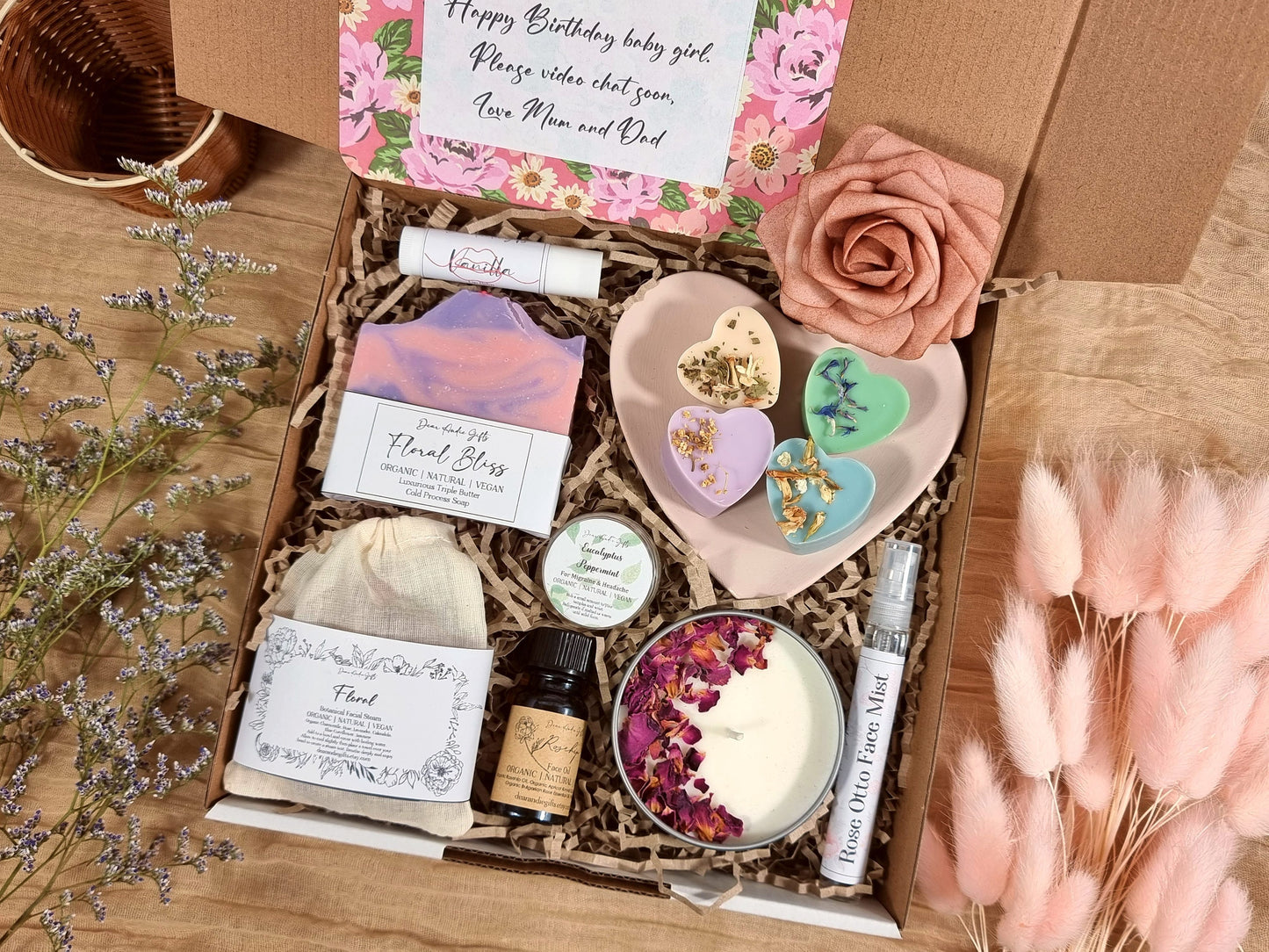 Organic Spa Gift Box for Her: Soy Candle, Soap, & Floral Mist