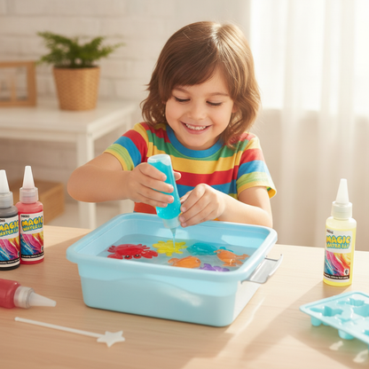Child happily making colourful water pets with the Magic Water Elf kit
