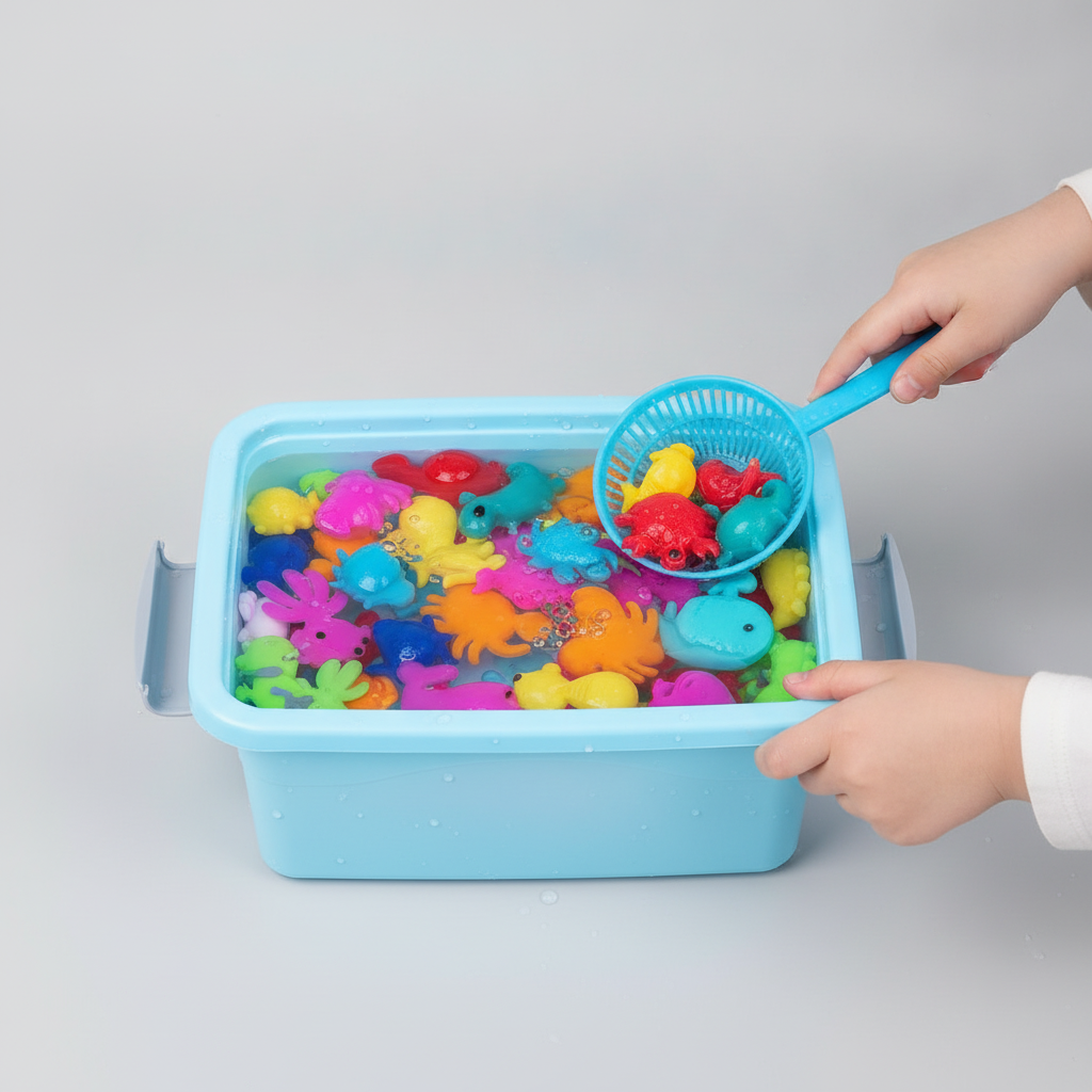 Blue tray full of colourful water-gel sea creatures with scoop net
