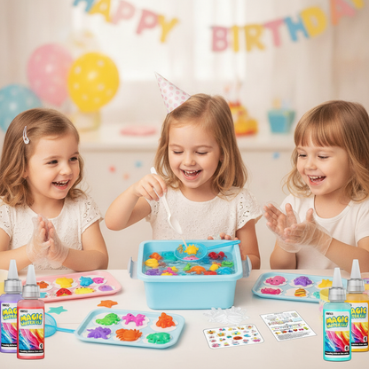 Kids making water pets together at a birthday party with the Magic Water Elf kit