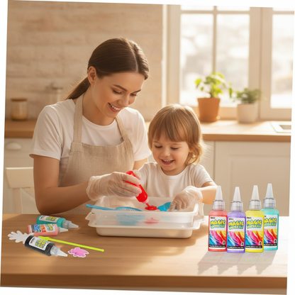 Mother and child making colourful water creatures together — screen-free fun