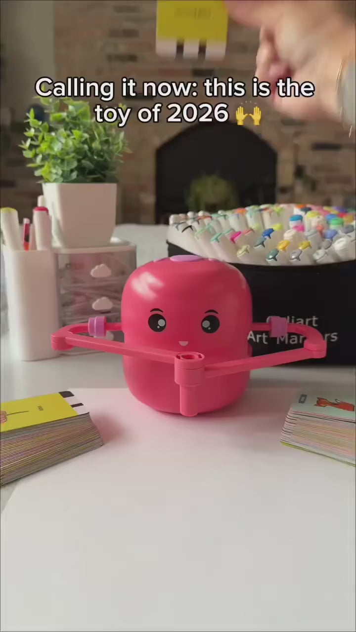 DoodleMate drawing robot drawing a flower, then a child colouring it in