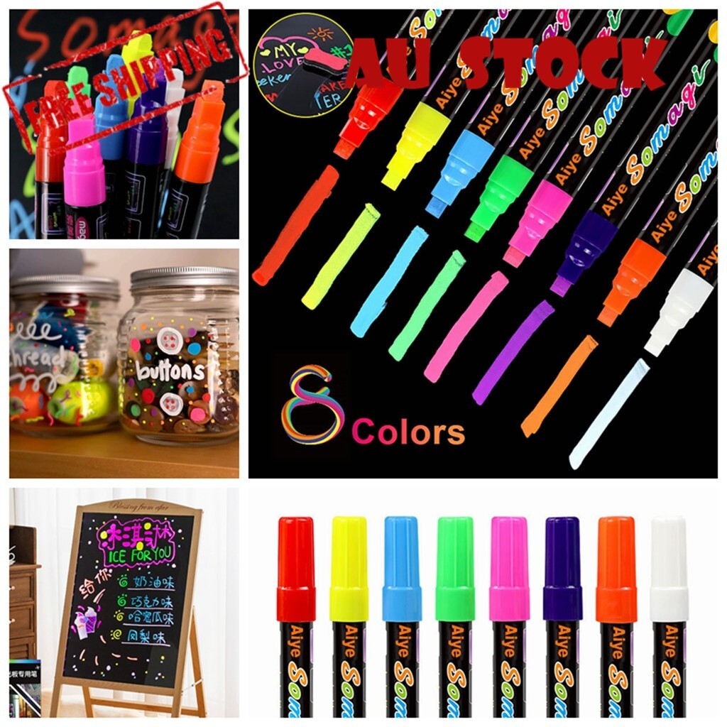 8 Fluorescent Liquid Chalk Markers — for LED Writing Boards, Glass & Chalkboards