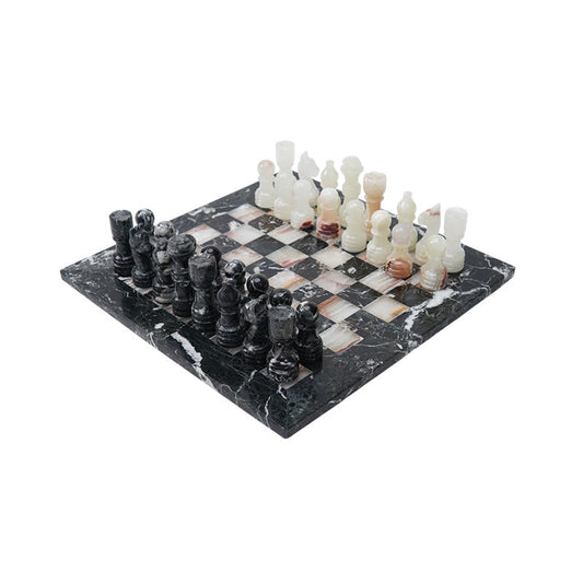 Marble Chess Set 30cm – Black Zebra & White Onyx