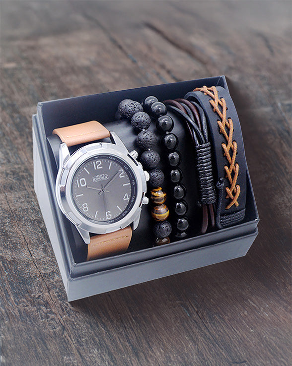 Men's Republic Watch set with 4 Bracelet - Black/Brown 1