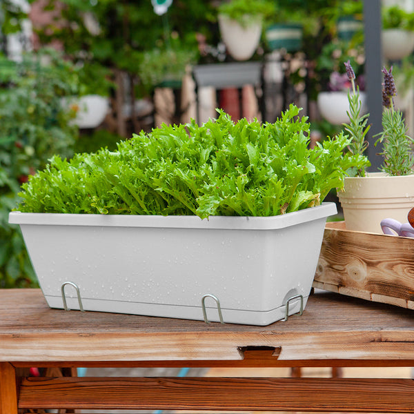 SOGA 49.5cm White Rectangular Planter Vegetable Herb Flower Outdoor Plastic Box with Holder Balcony Garden Decor Set of 2