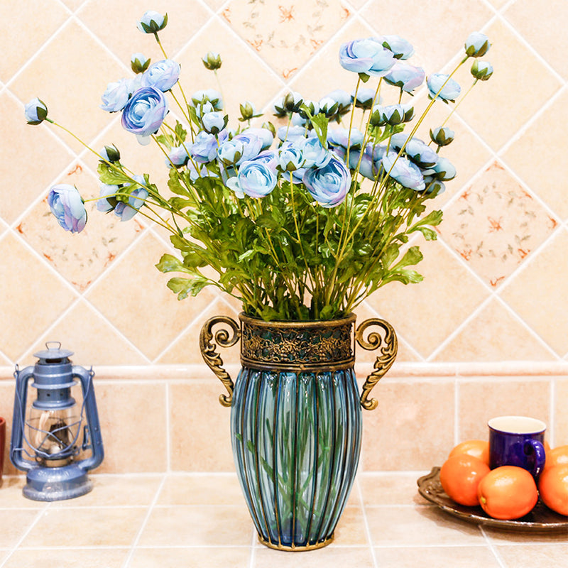 SOGA Blue European Colored Glass Home Decor Jar Flower Vase with Two Metal Handle