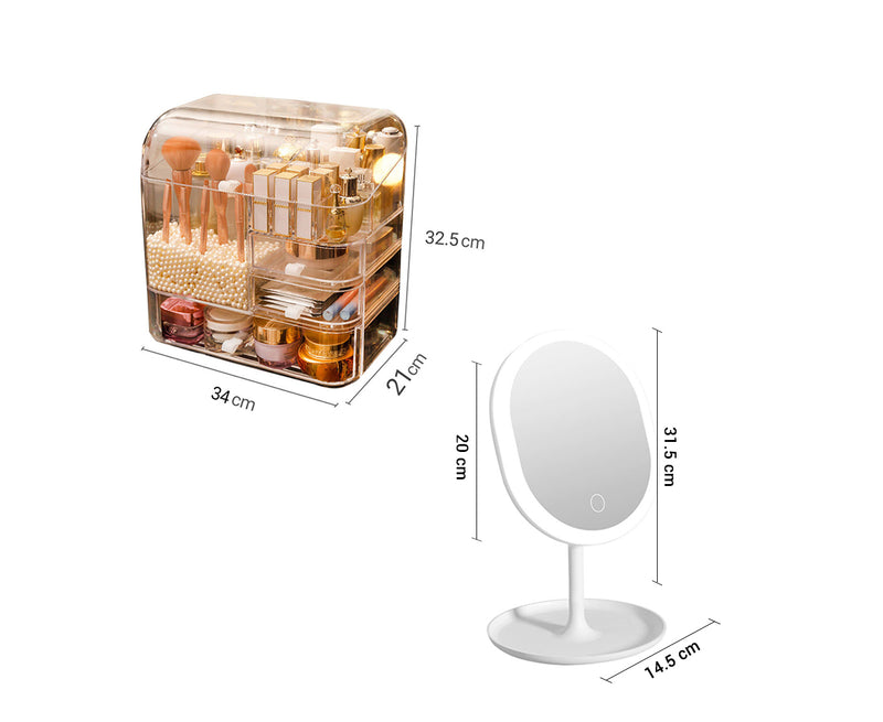 SOGA Transparent Cosmetic Storage with Pearls Skincare Holder and 20cm White Rechargeable LED Light Makeup Tabletop Mirror Set