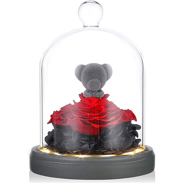 Thanksgiving Day Preserved Real Eternal Rose LED Lights in Glass Dome on Wood Base Handmade Artificial Flower for Her Christmas Valentine's Mother's Romantic Gifts, TOJUNE (Bunny)