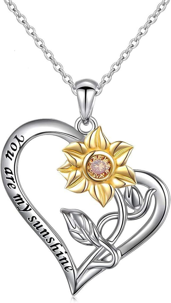 Sterling Silver Sunflower Necklace for Women Love Heart Pendant My Sunshine Jewelry Mothers Day Gifts Unique Necklaces Gifts for Mom Wife Girlfriends Daughter