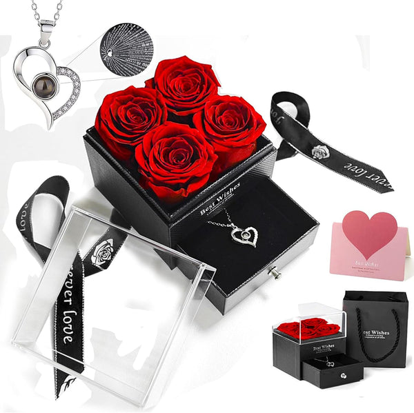 Christmas 4 Preserved Eternal Roses Gift Box with "I Love You" 100 Languages Necklace Handmade Artificial Everlasting Flower for Her Valentine's Mother's Day Birthday Women Anniversary, EZKOXAH (Red)