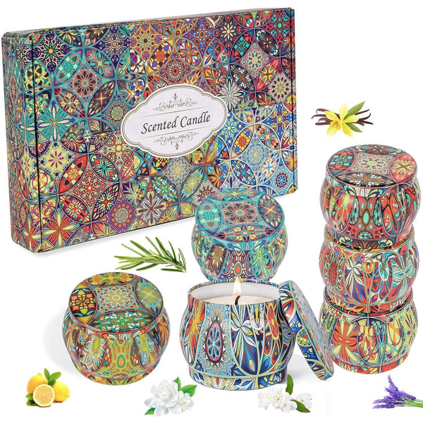6 Pack Scented Candles Gift Set 130g 100% Pure Natural Soy Wax Portable Travel Aromatherapy Tin DIY Candle for Thanksgiving Christmas Valentine's Mother's Boxing Day Holiday Birthday Women & Mom Gifts