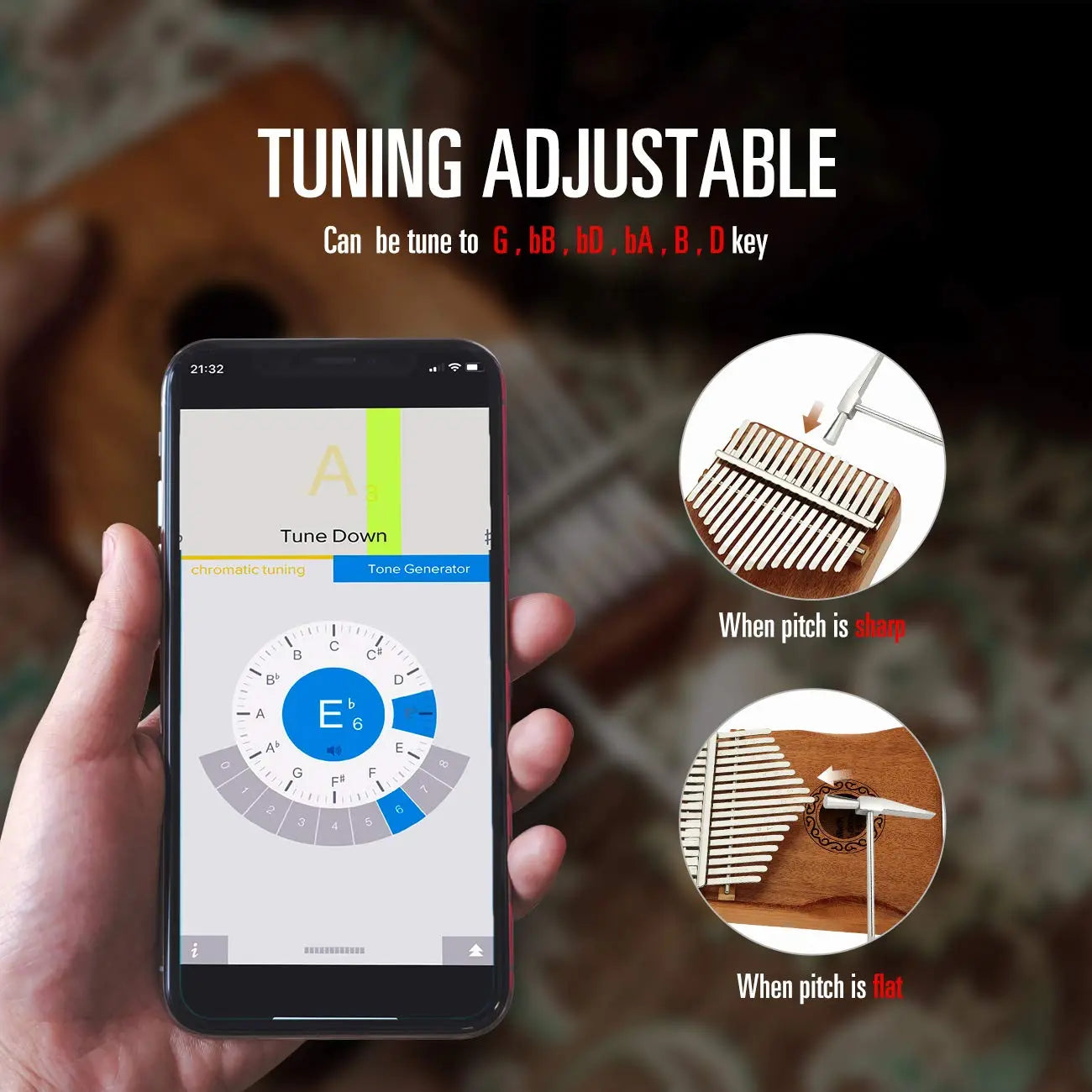 Tuning a kalimba with the included hammer and tuning app